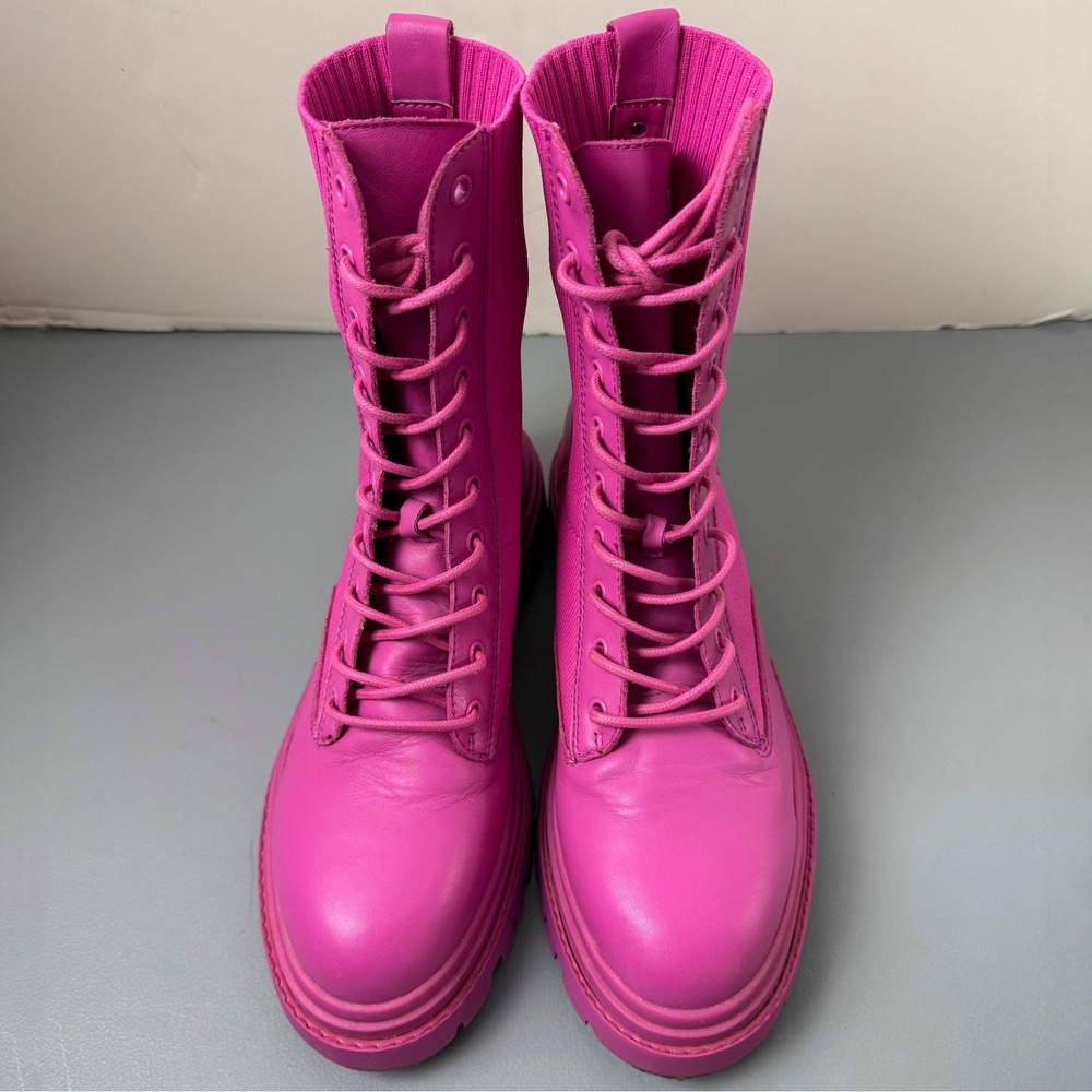 Aldo Hot Pink Leather Knit Sock Combat Boots Lug Sole Womens 8.5 Fuchsia Chunky